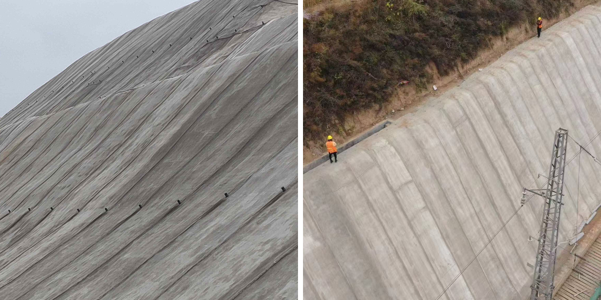 Manta de cimento para controlo da erosão: margens de rios, taludes e proteção costeira.