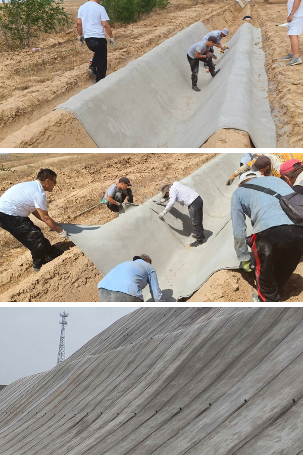 Reparação de taludes de emergência: estabilização rápida da erosão com mantas de cimento.