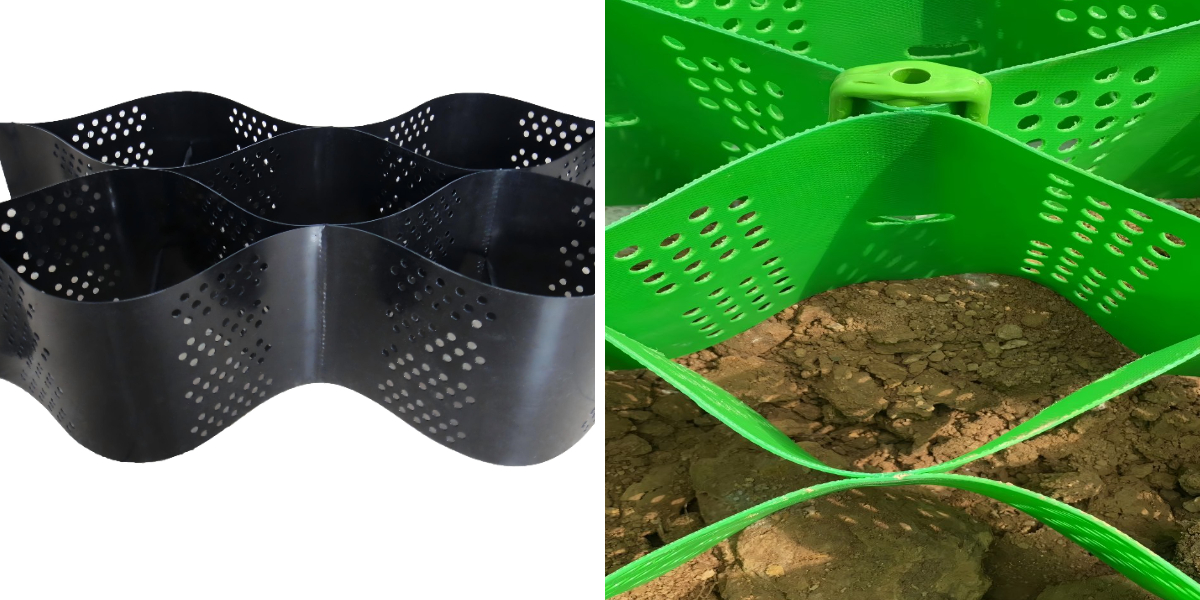 ジオセルとジオグリッドのハイブリッドシステム:急斜面における荷重分散の強化 ジオセルとジオグリッドのハイブリッドシステム:急斜面における荷重分散の強化