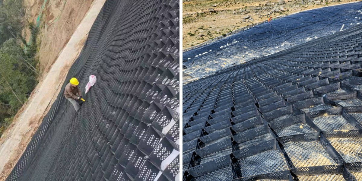 จีโอเซลล์ HDPE แบบเจาะรูสำหรับการเสริมเสถียรภาพลาดดินในหลุมฝังกลบ จีโอเซลล์ HDPE แบบเจาะรูสำหรับการเสริมเสถียรภาพลาดดินในหลุมฝังกลบ
