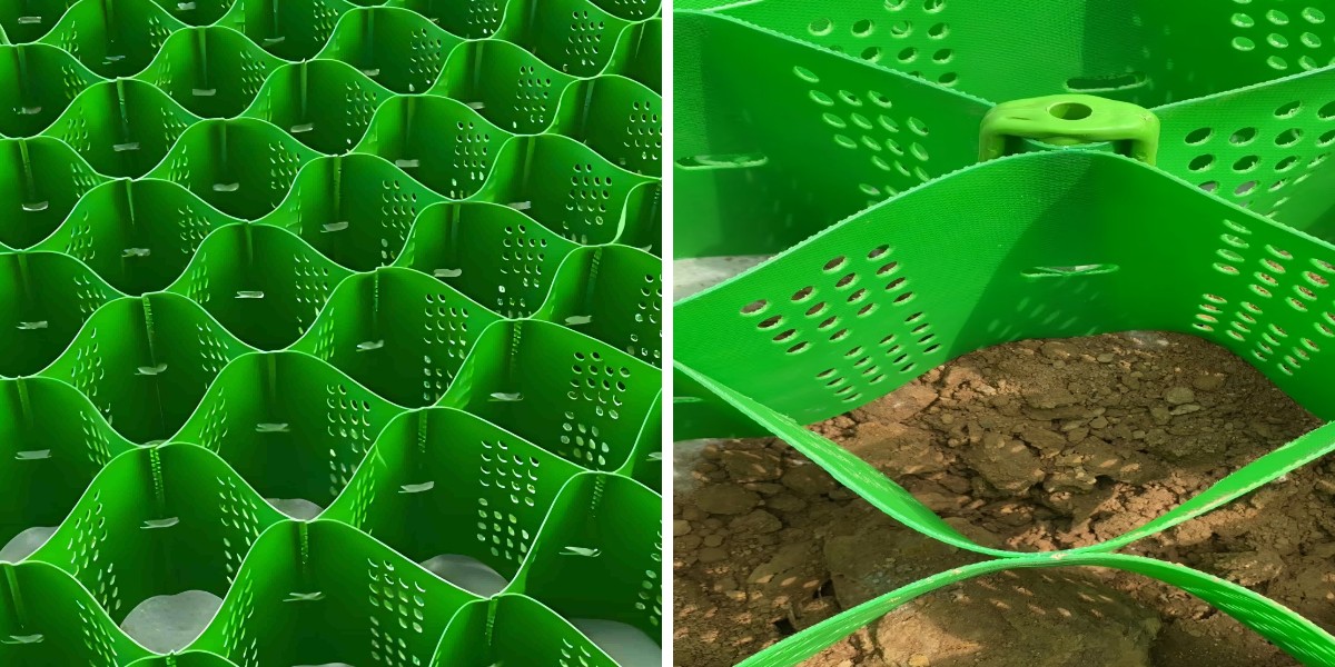จีโอเซลล์ HDPE แบบเจาะรูสำหรับการเสริมเสถียรภาพลาดดินในหลุมฝังกลบ จีโอเซลล์ HDPE แบบเจาะรูสำหรับการเสริมเสถียรภาพลาดดินในหลุมฝังกลบ