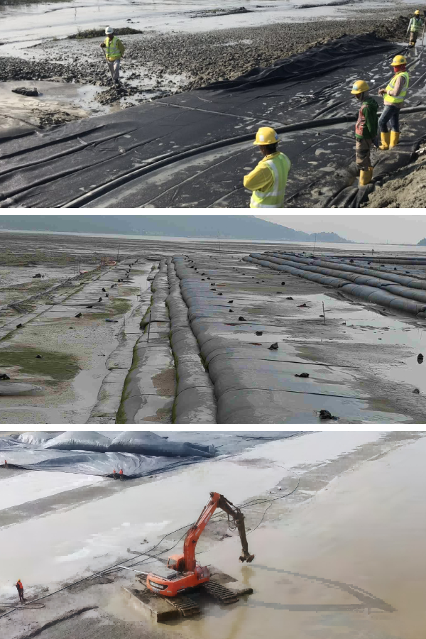 Tubos geotextiles (geotubos) para aplicaciones de drenaje y contención.